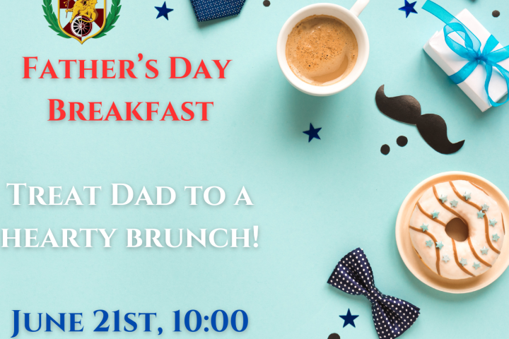 Father's Day breakfast invitation with coffee, donut, ties, gift.