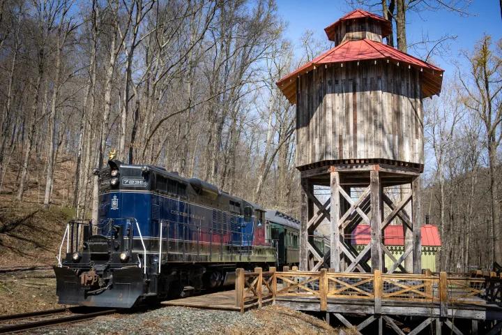 Blue train passing a wooden water tower in a wooded area on a clear day.