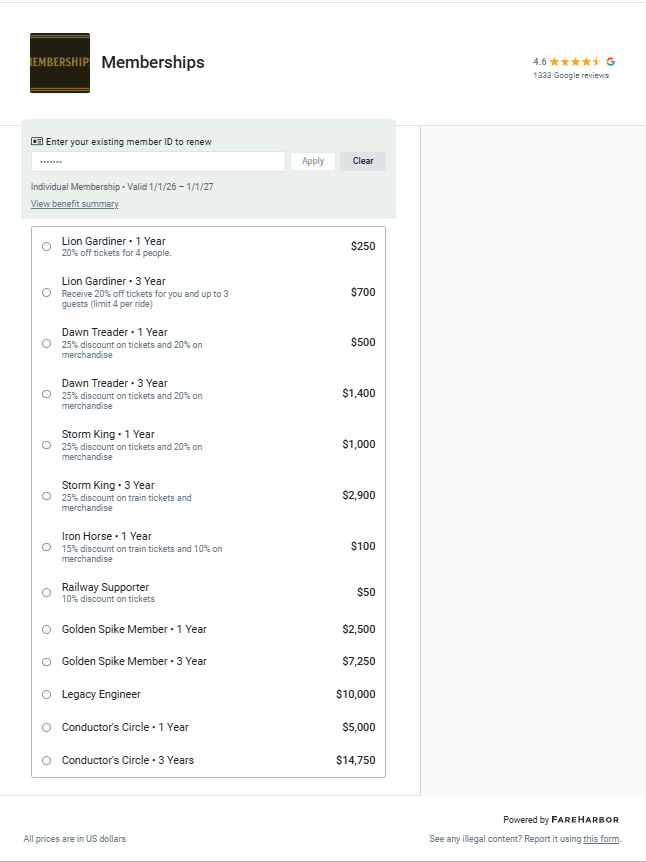 Membership page listing various levels with prices and benefits, including discounts on tickets and merchandise.