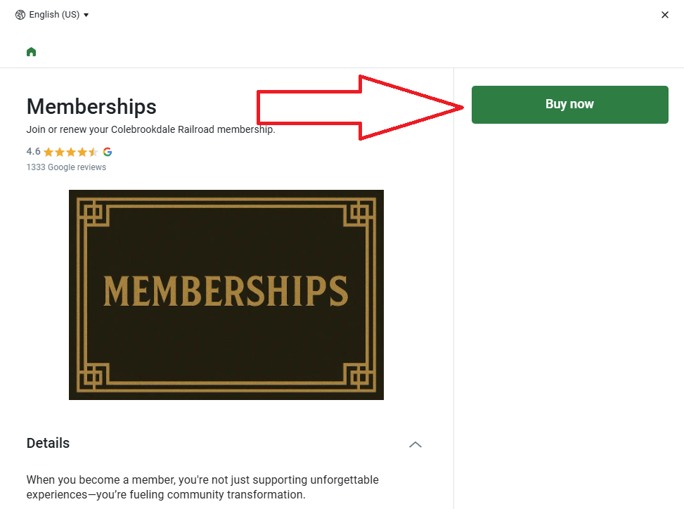 Memberships page for Colebrookdale Railroad with buy now button and 4.6-star rating.