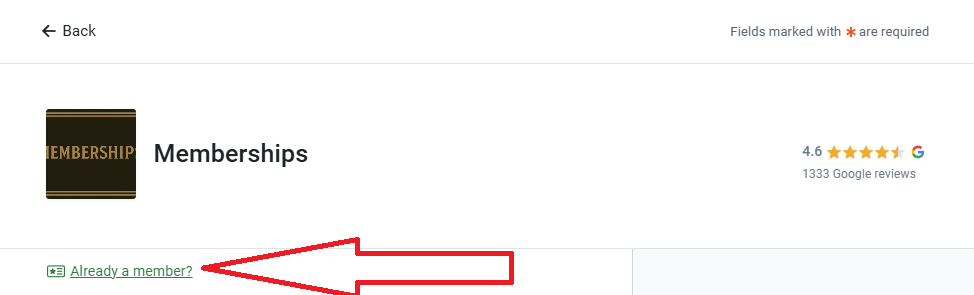 Memberships page with 4.6-star rating and link for existing members.