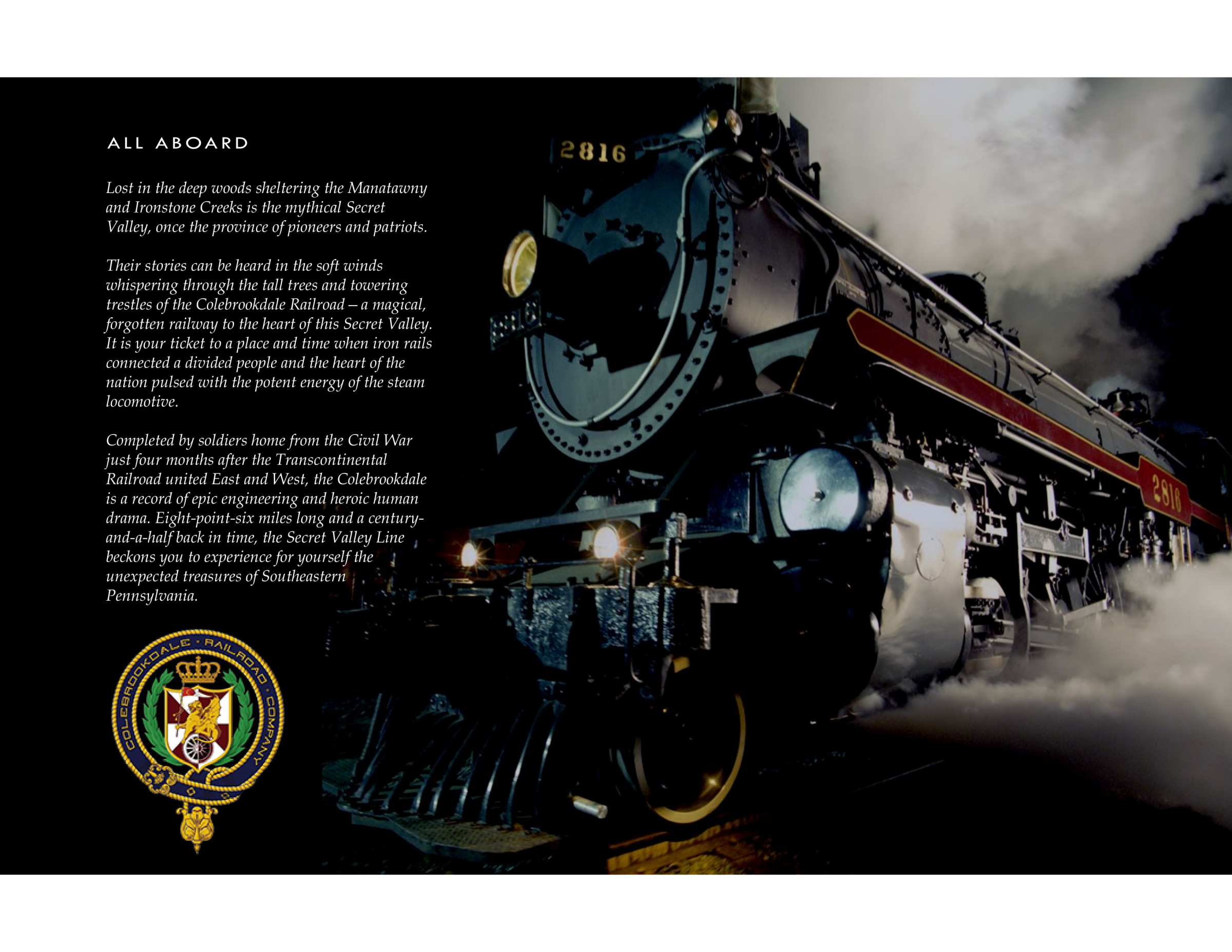 Steam locomotive 2816 emitting steam, with text on the left about the Colebrookdale Railroad.
