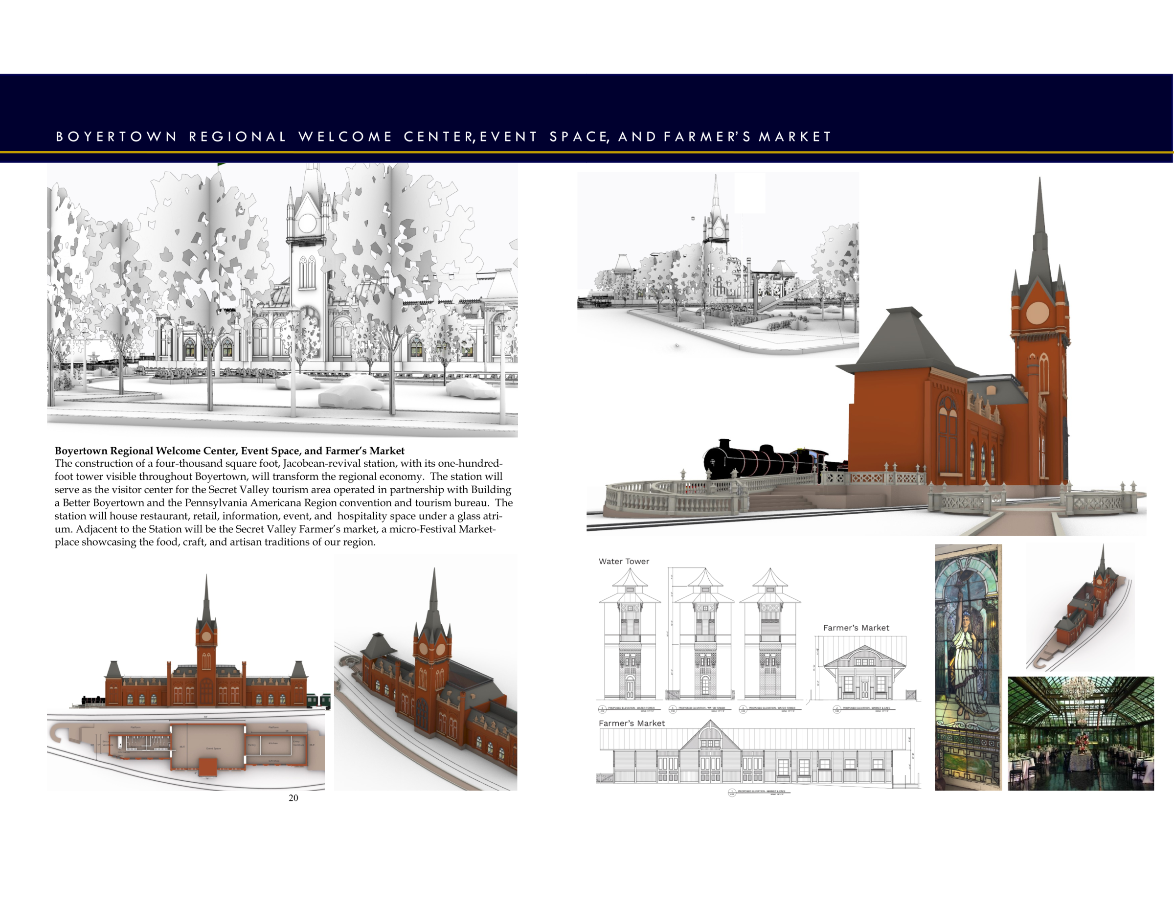 Architectural designs and renderings of the Boyertown Regional Welcome Center and Farmer's Market.