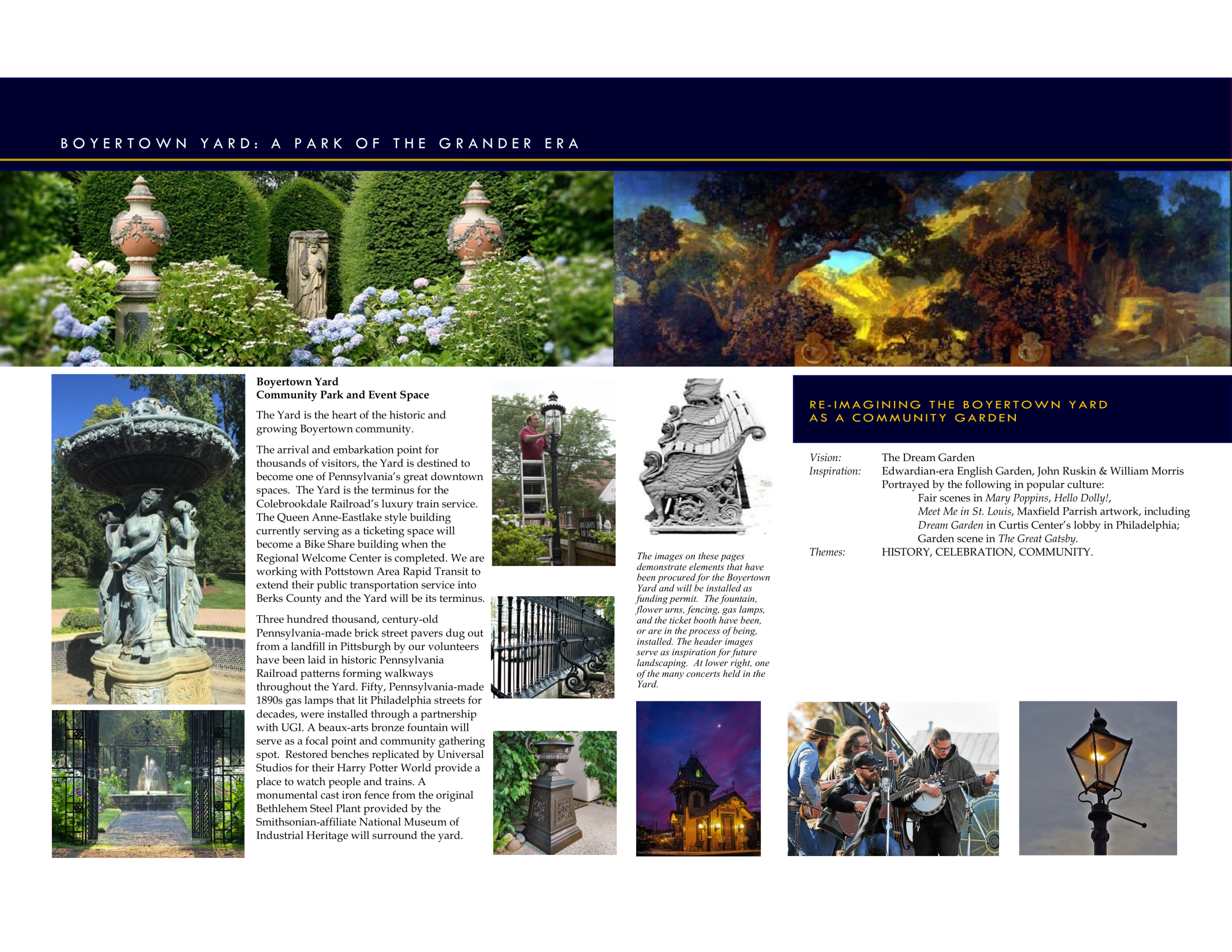 Collage of scenic garden images with text about Boyertown Yard community park project.