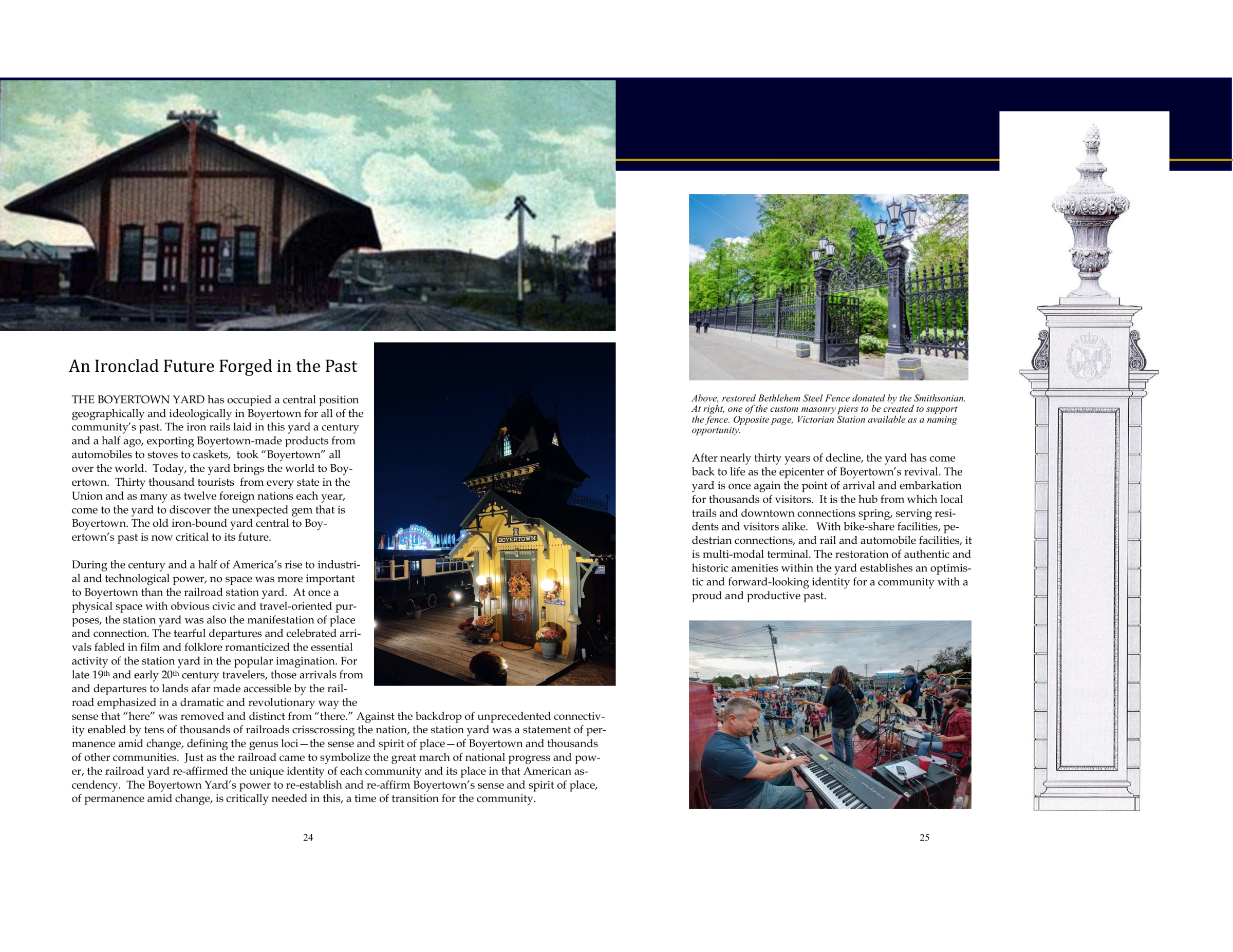 Magazine spread with historical images of Boyertown Yard and an event with musicians.