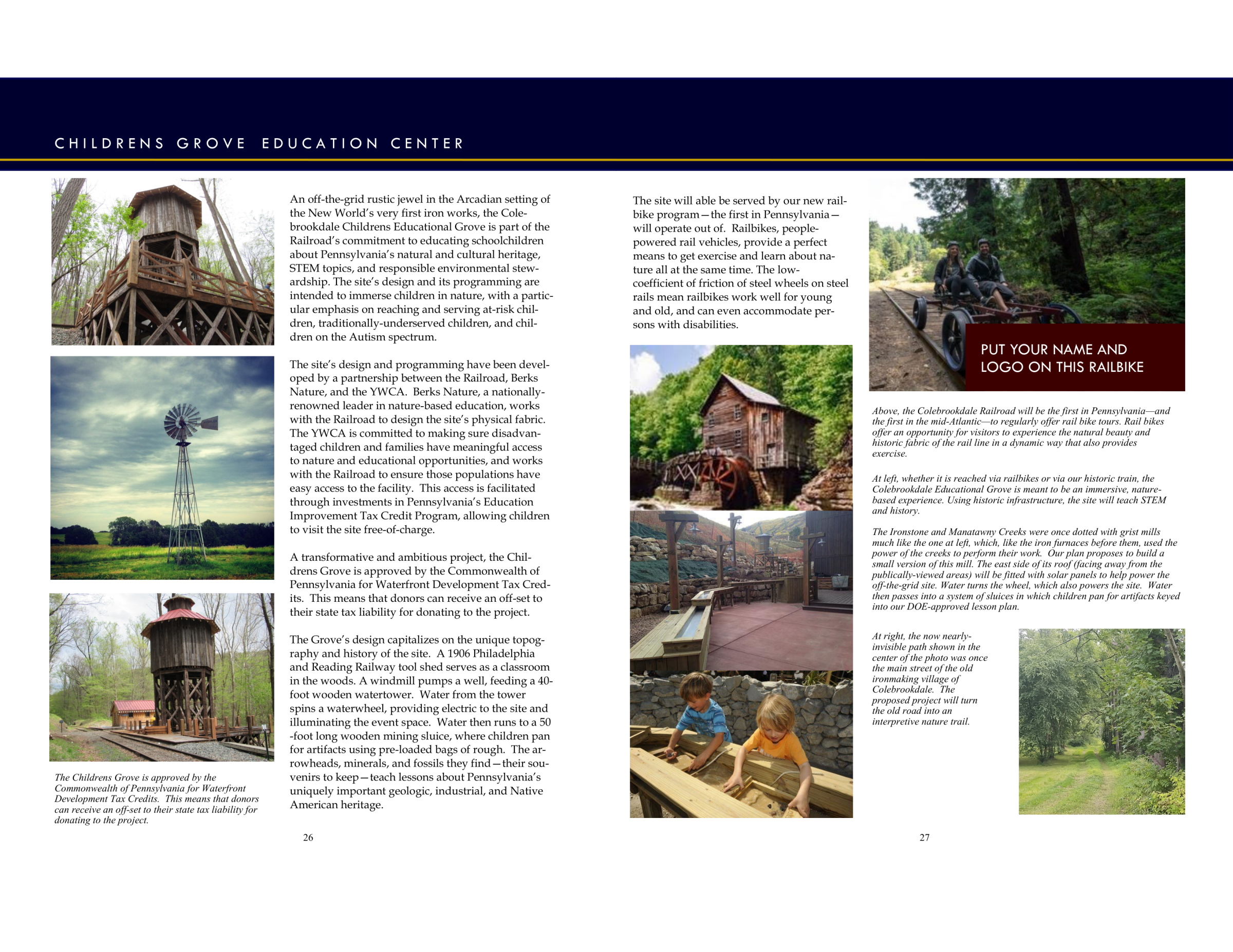 Brochure page featuring educational center with images of nature and railbikes, text detailing programs and partnerships.