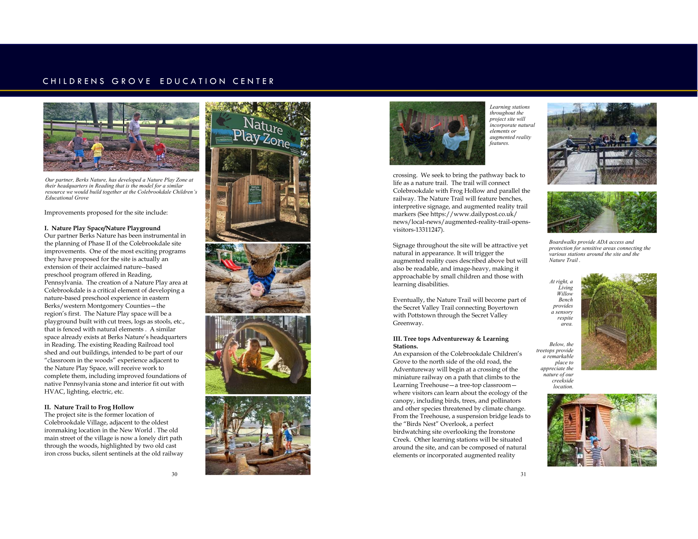 A newsletter page with images of a playground, nature trail, and children playing, with text about a nature education center.