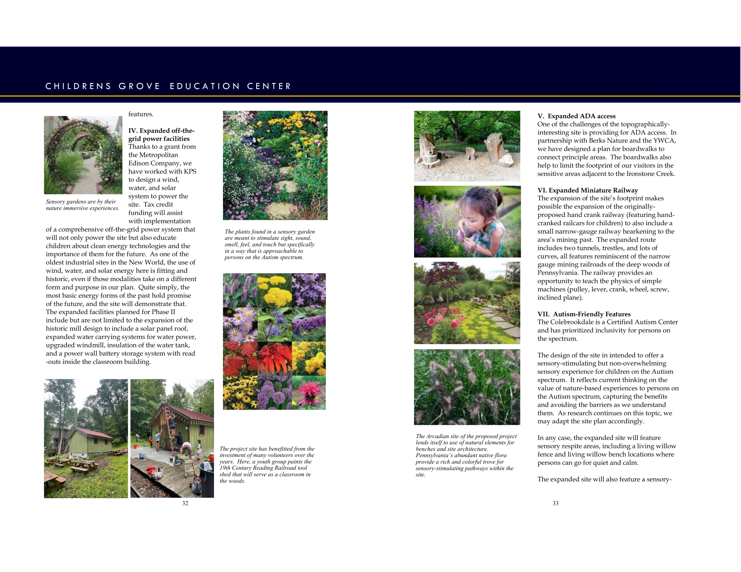 Educational center newsletter with images of gardens, flowers, a railway, and a building under construction.