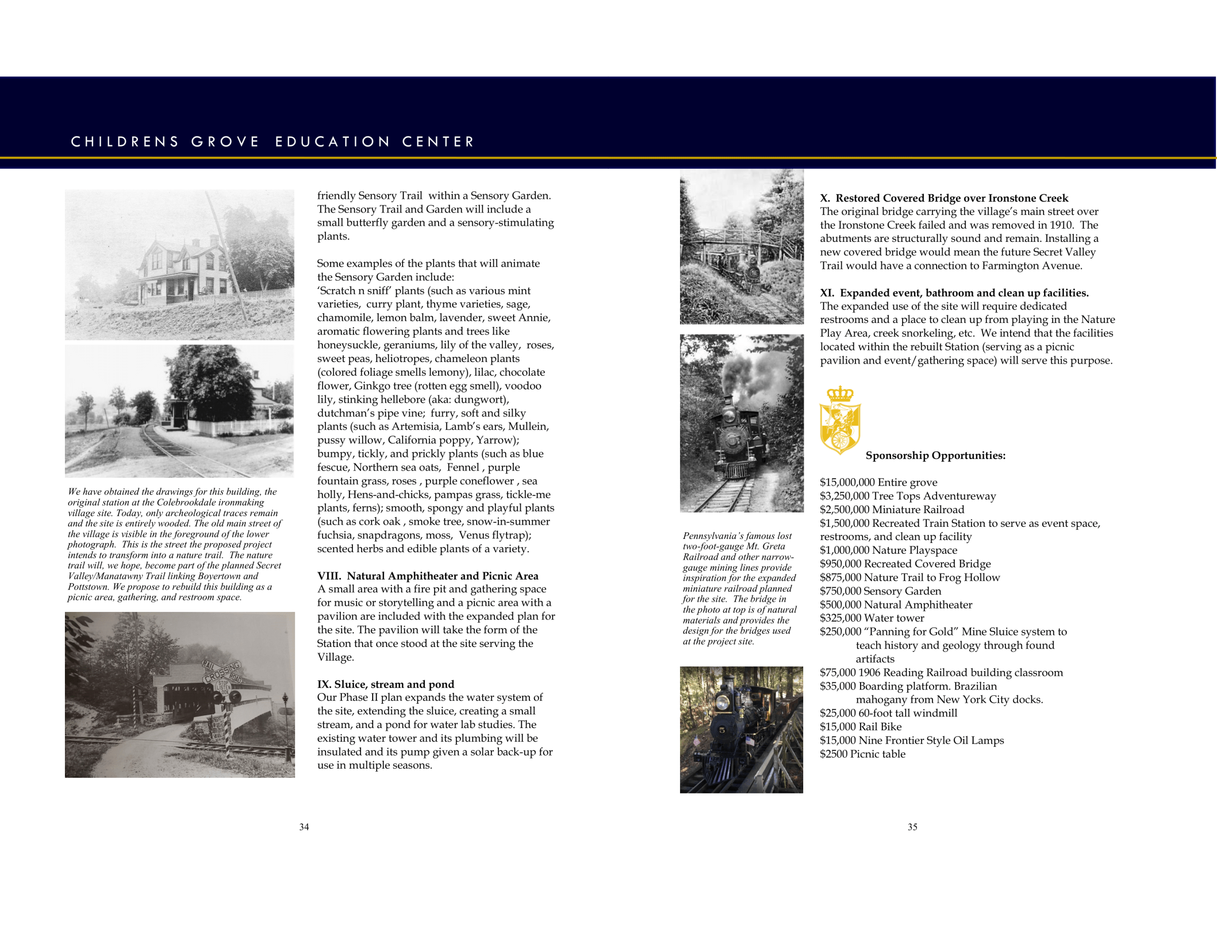 Brochure layout for Children's Grove Education Center with text and black and white train images.