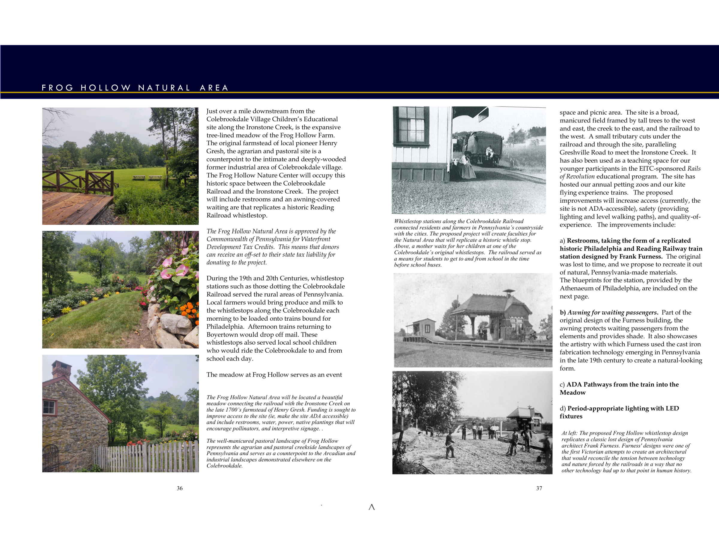 Brochure discussing Frog Hollow Natural Area with text and nature images.