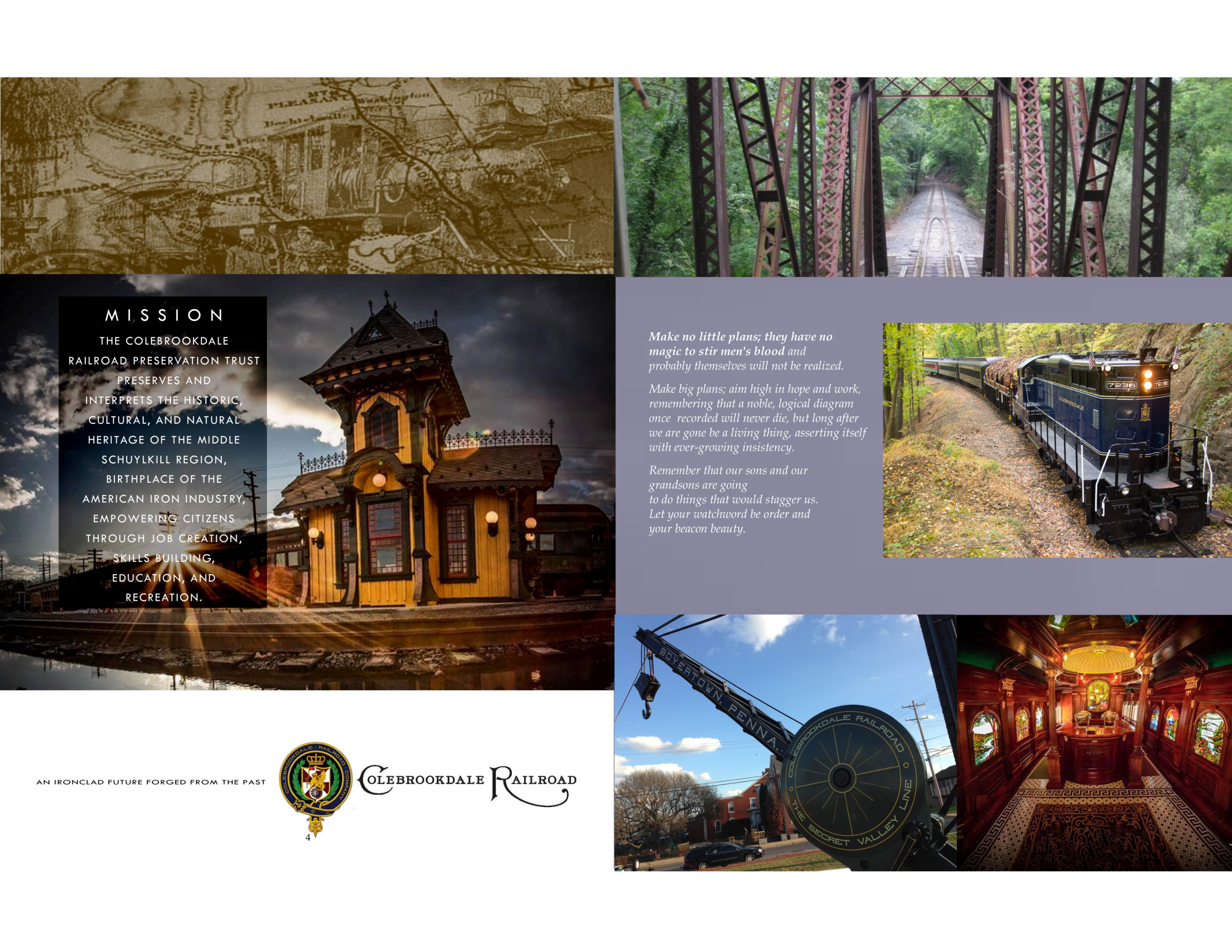 Collage of Colebrookdale Railroad images, text about mission, and scenic train views in various settings.