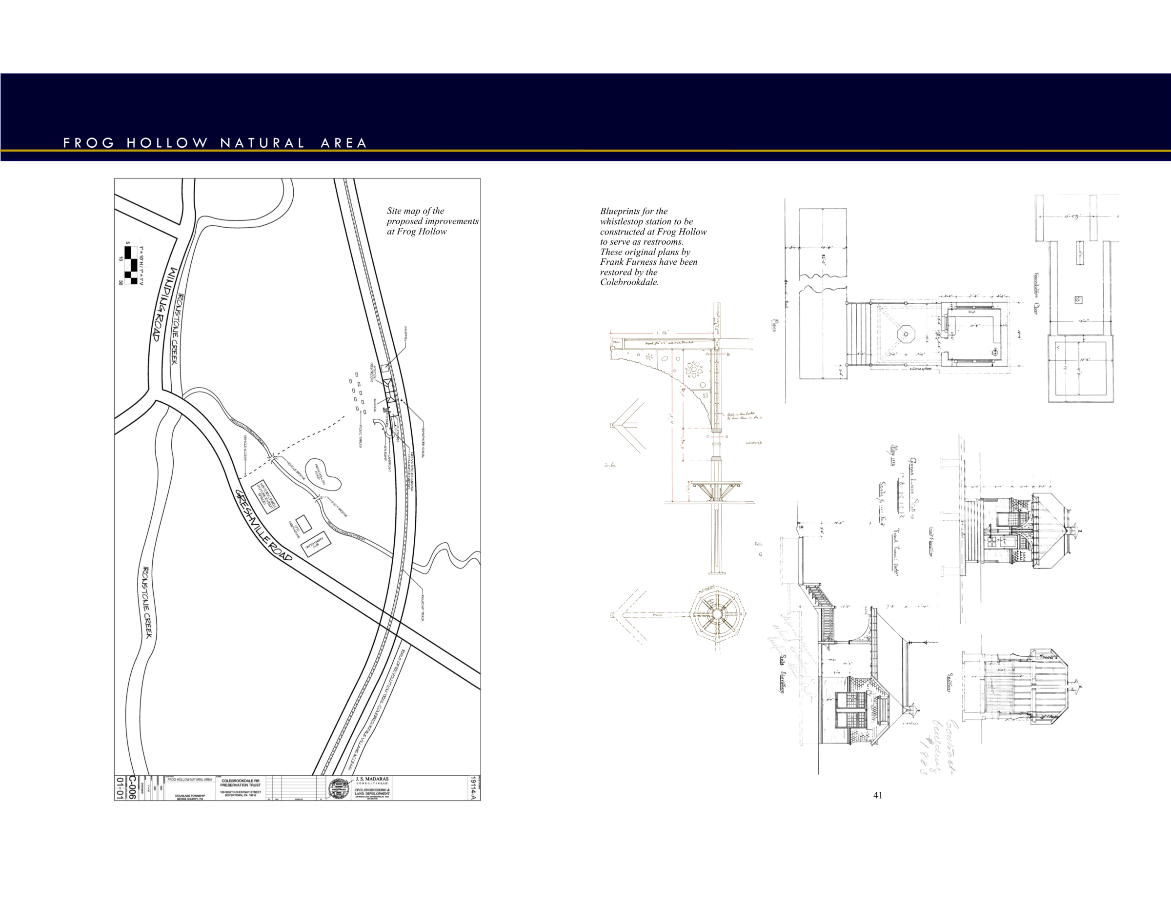 Blueprints and site map for Frog Hollow natural area development plans.