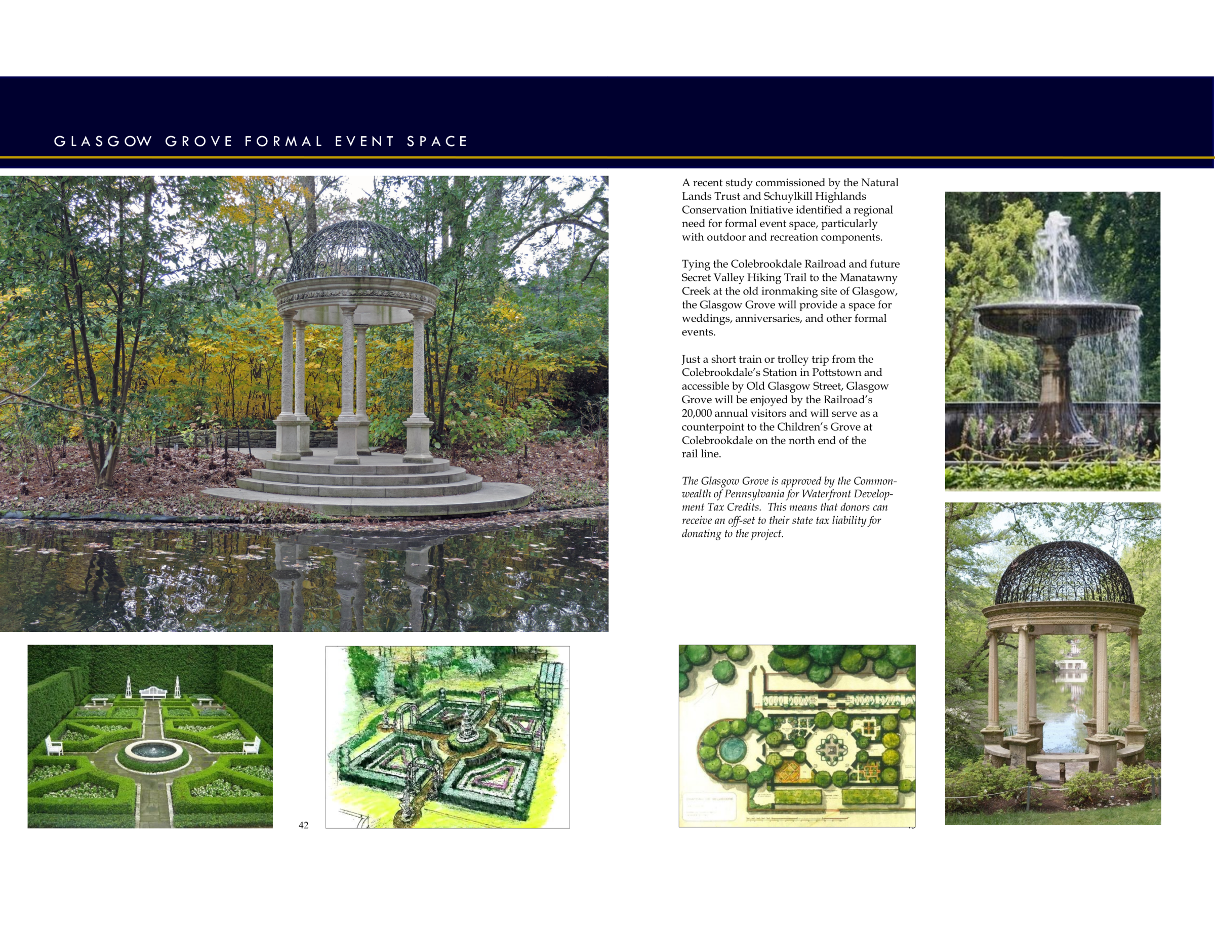 Collage of a gazebo, fountain, and garden design plans in a formal event space.