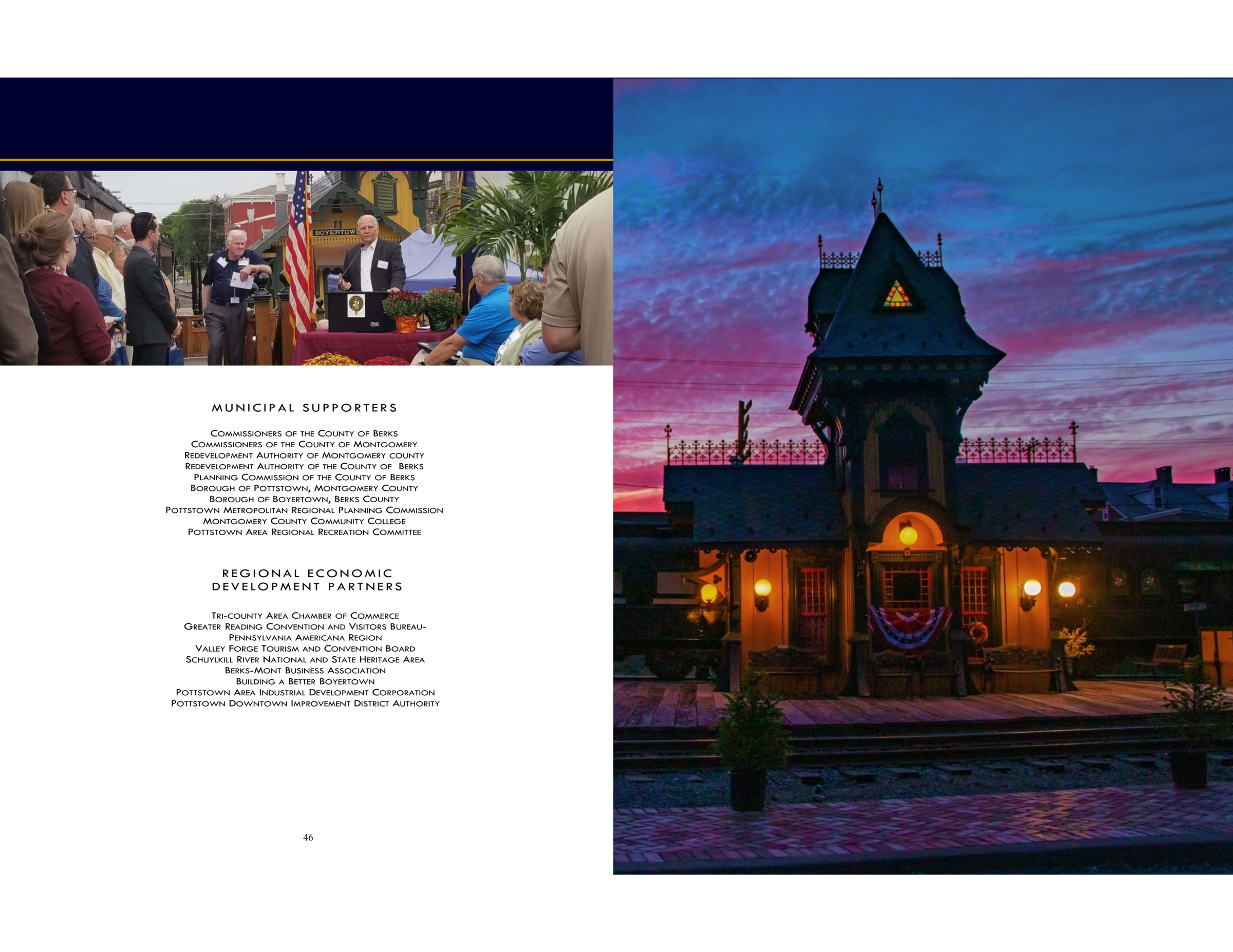 A split image: left shows a group at a podium; right shows an illuminated train station at sunset.