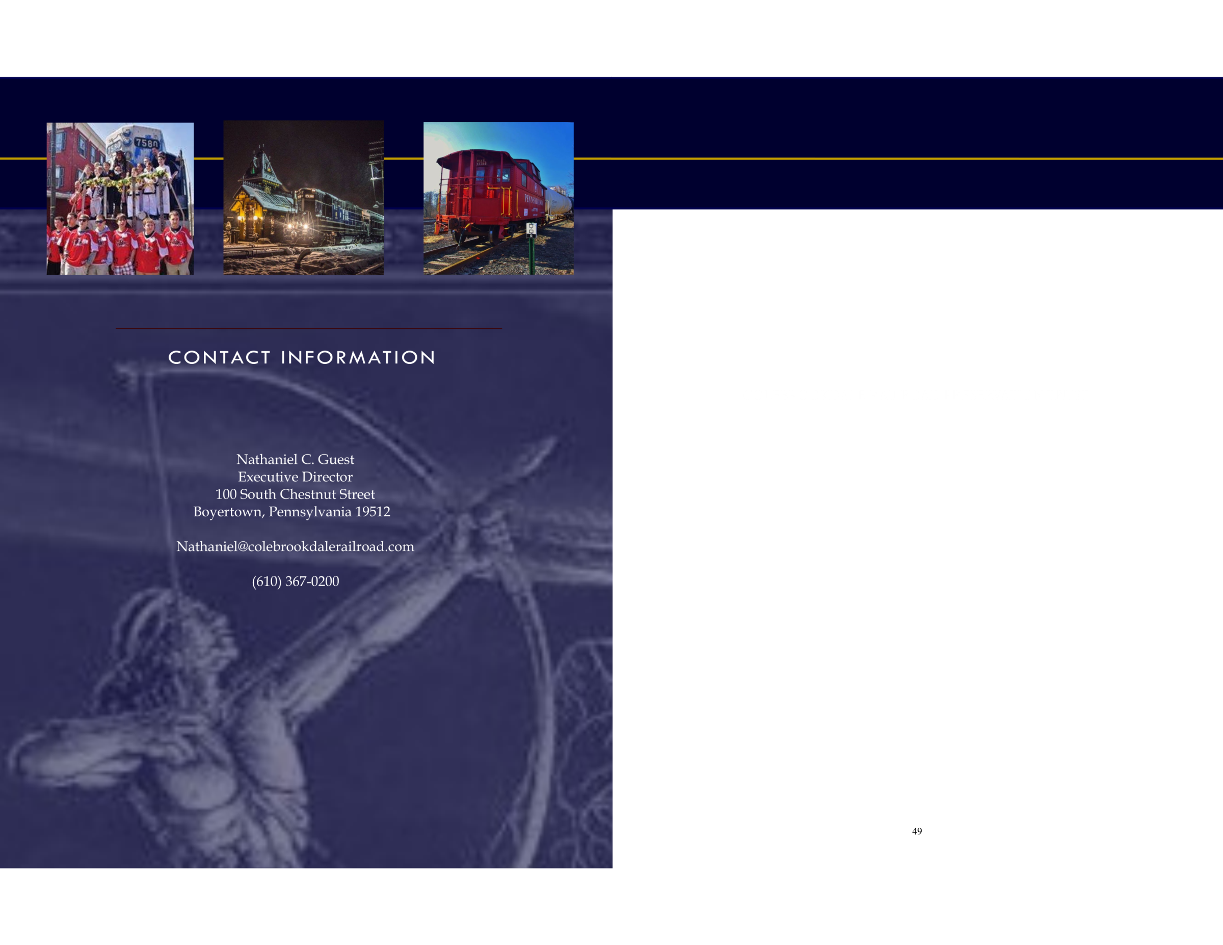 Contact info with three train images and an archer illustration.