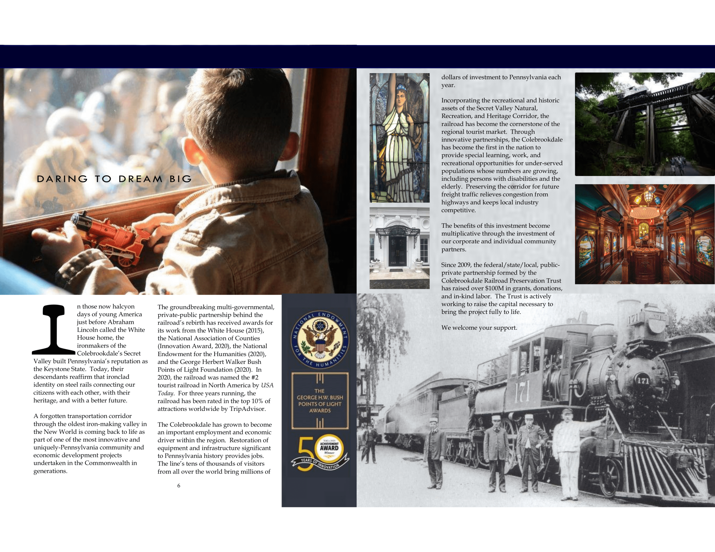 Child with toy train by window, text on train preservation, awards, photos of trains and heritage sites.