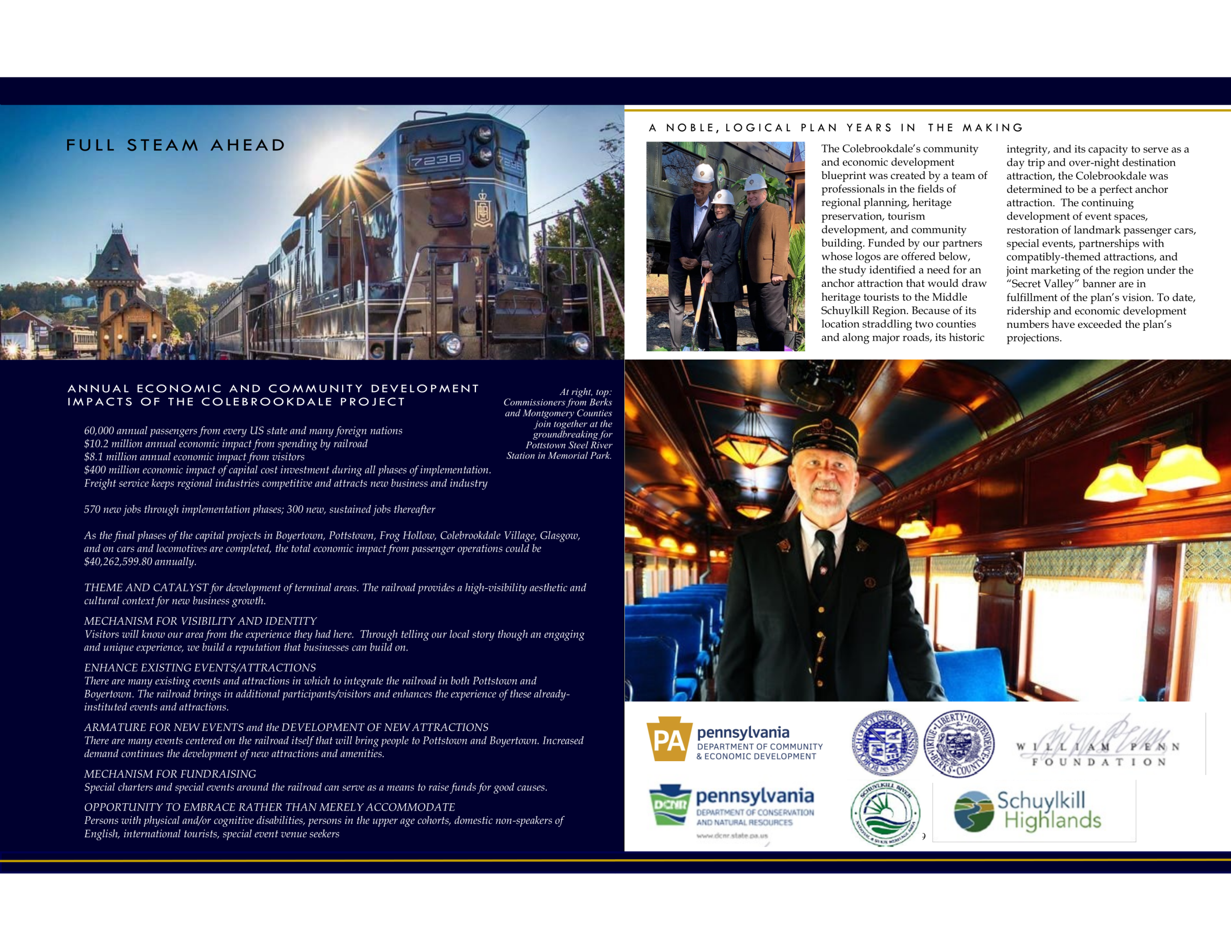 Brochure with train, conductor, and economic impact text for the Colebrookdale project.