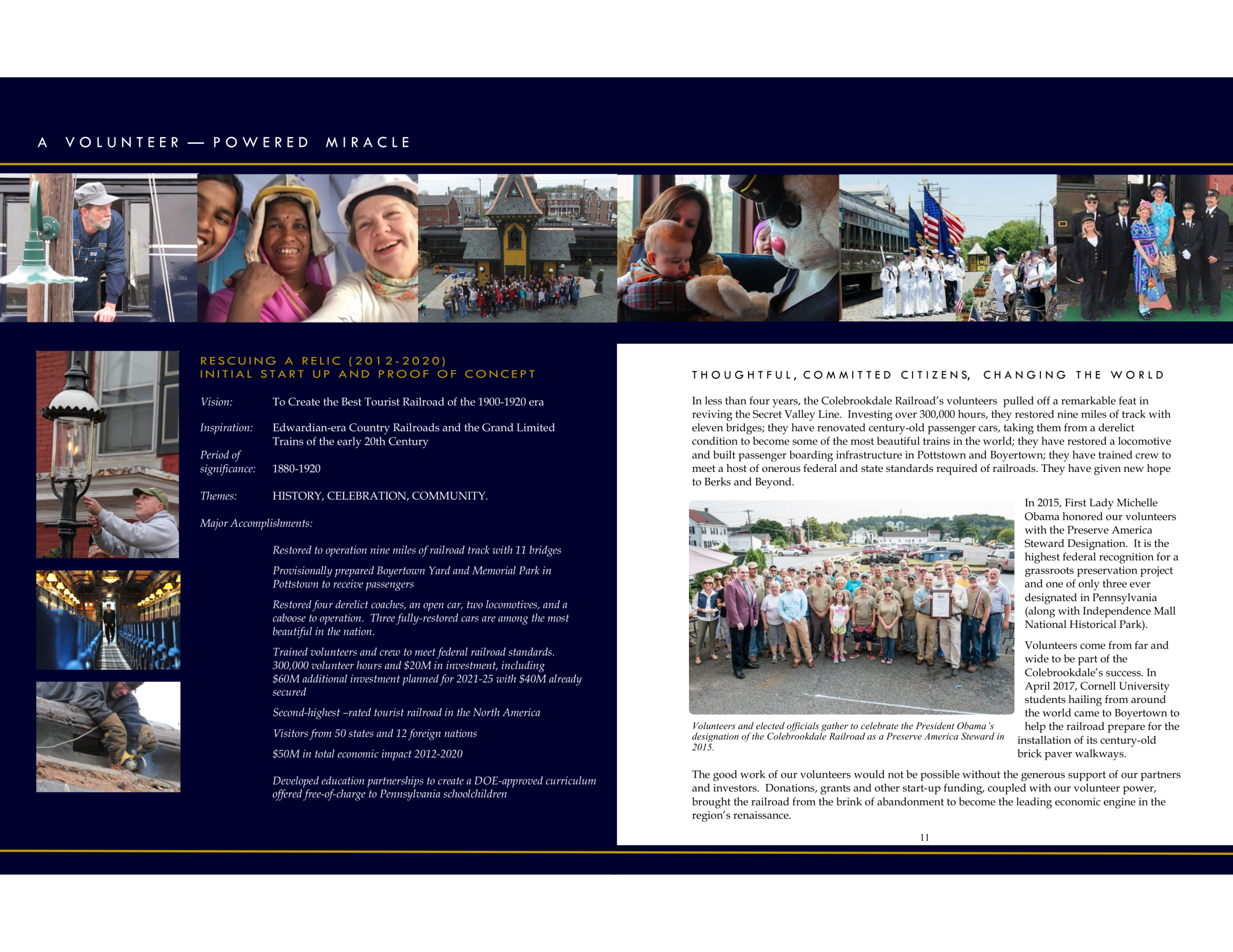 A collage showing railroad volunteers with text on restoration achievements and a group photo in the bottom right.