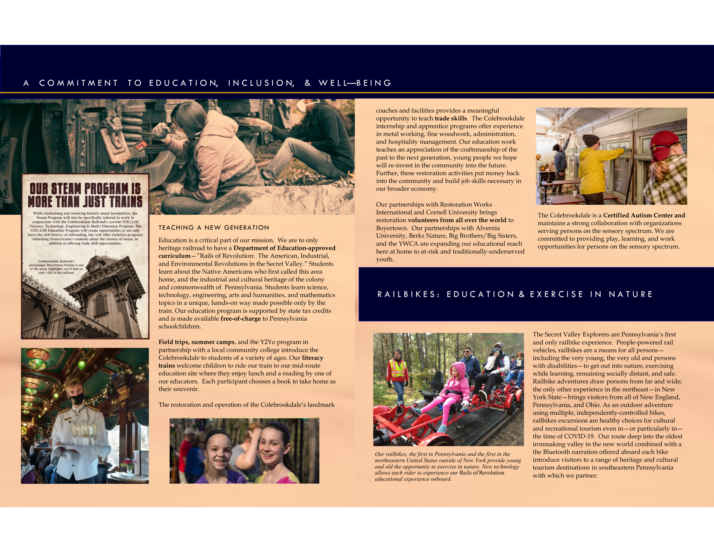 Brochure with text about education and railbike activities, featuring images of people on bikes and workshop settings.