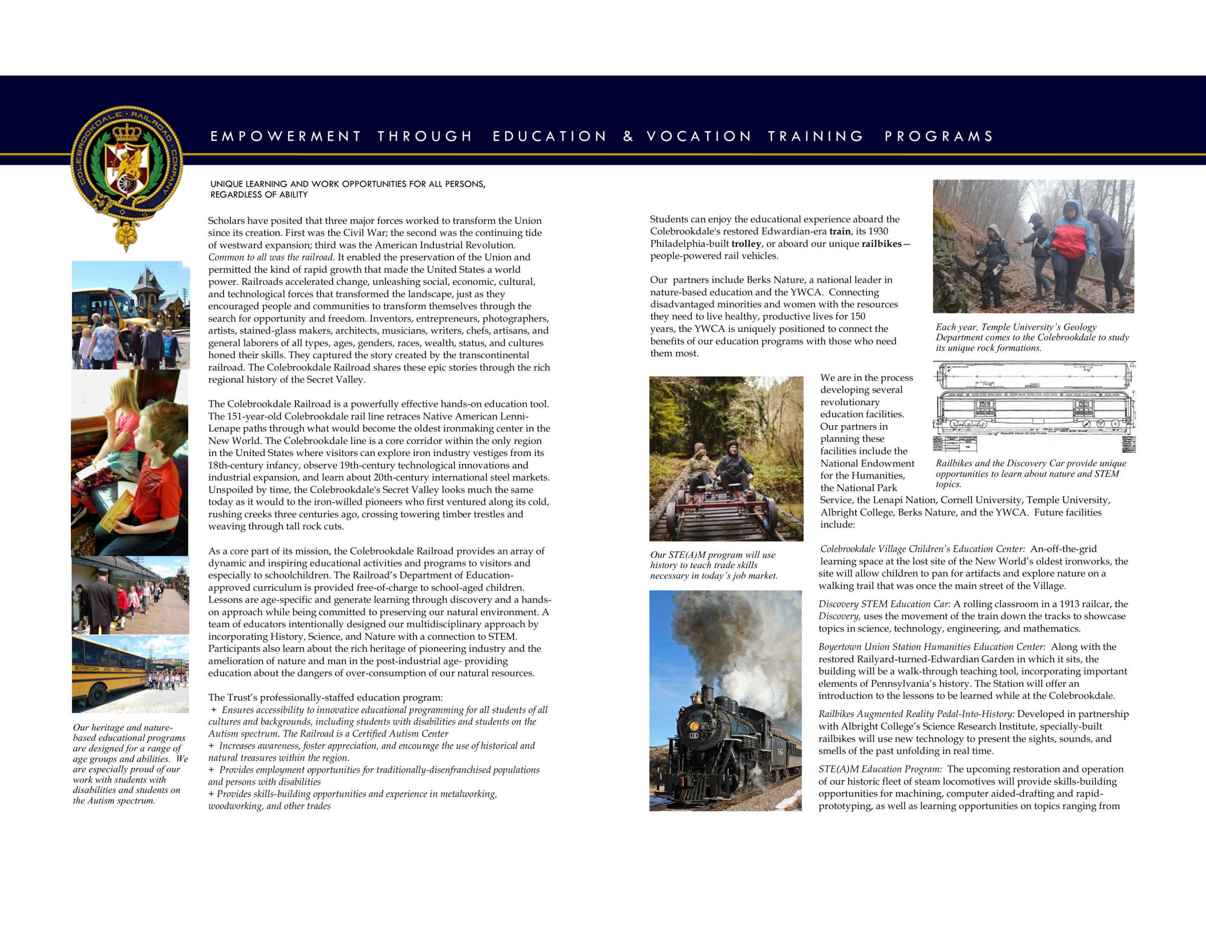 Informational brochure for the Colebrookdale Railroad with text and images of trains and educational activities.