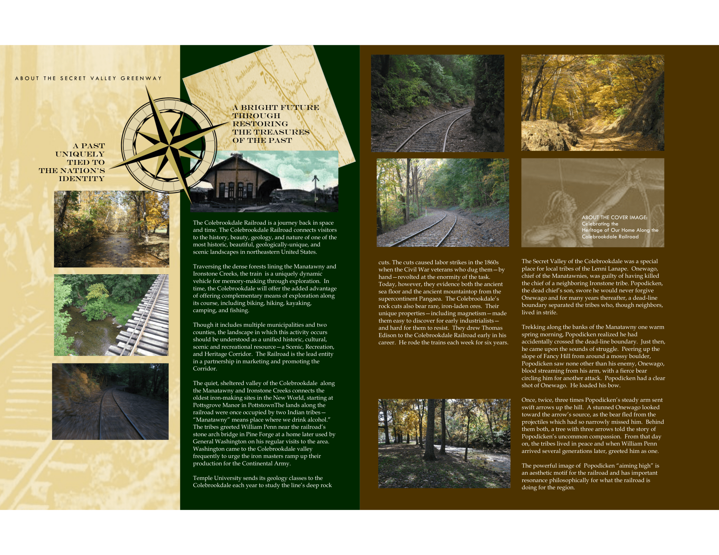 Brochure about Colebrookdale Railroad with images of tracks and forest scenery.