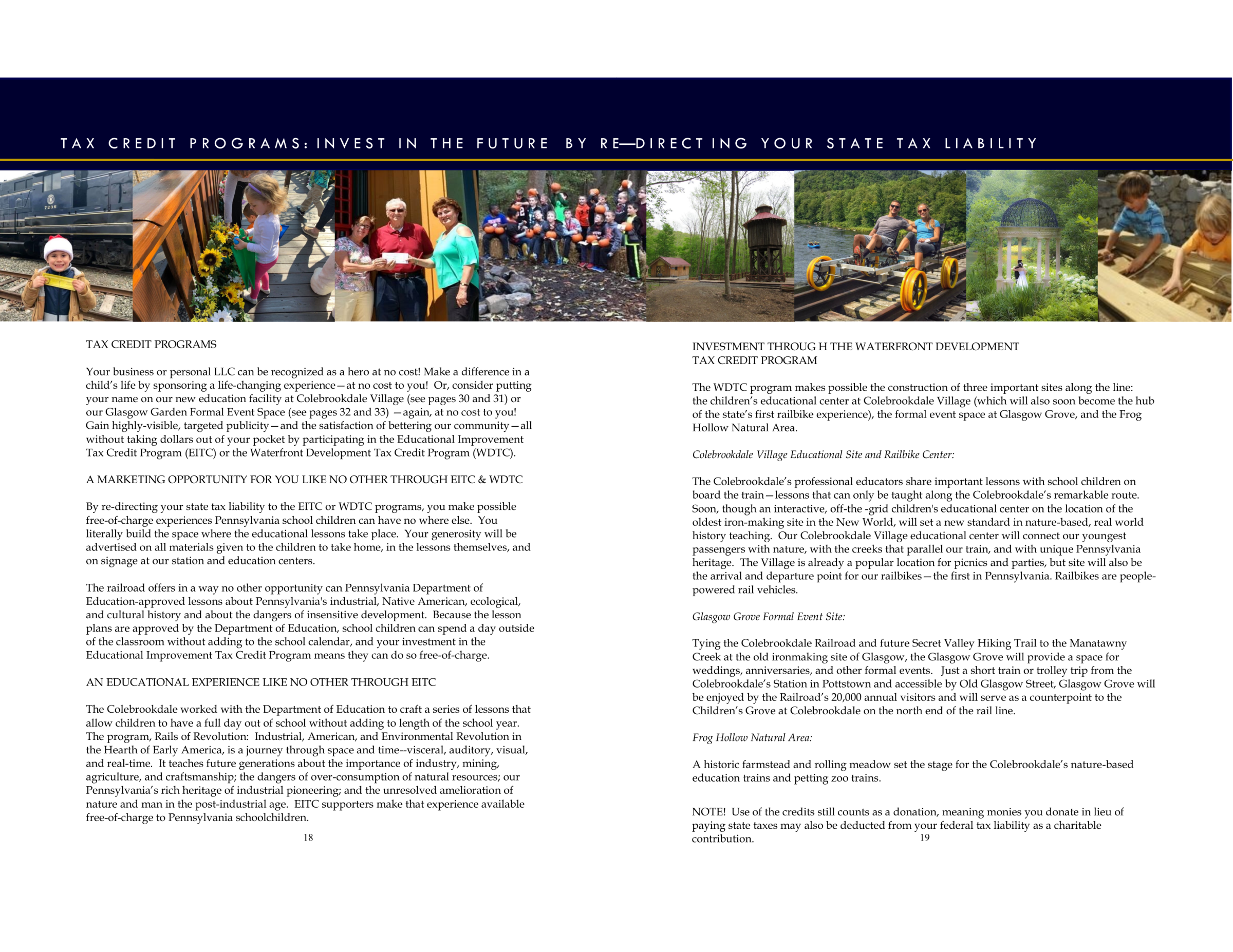Brochure with text about tax credit programs and images of children engaging in outdoor activities.