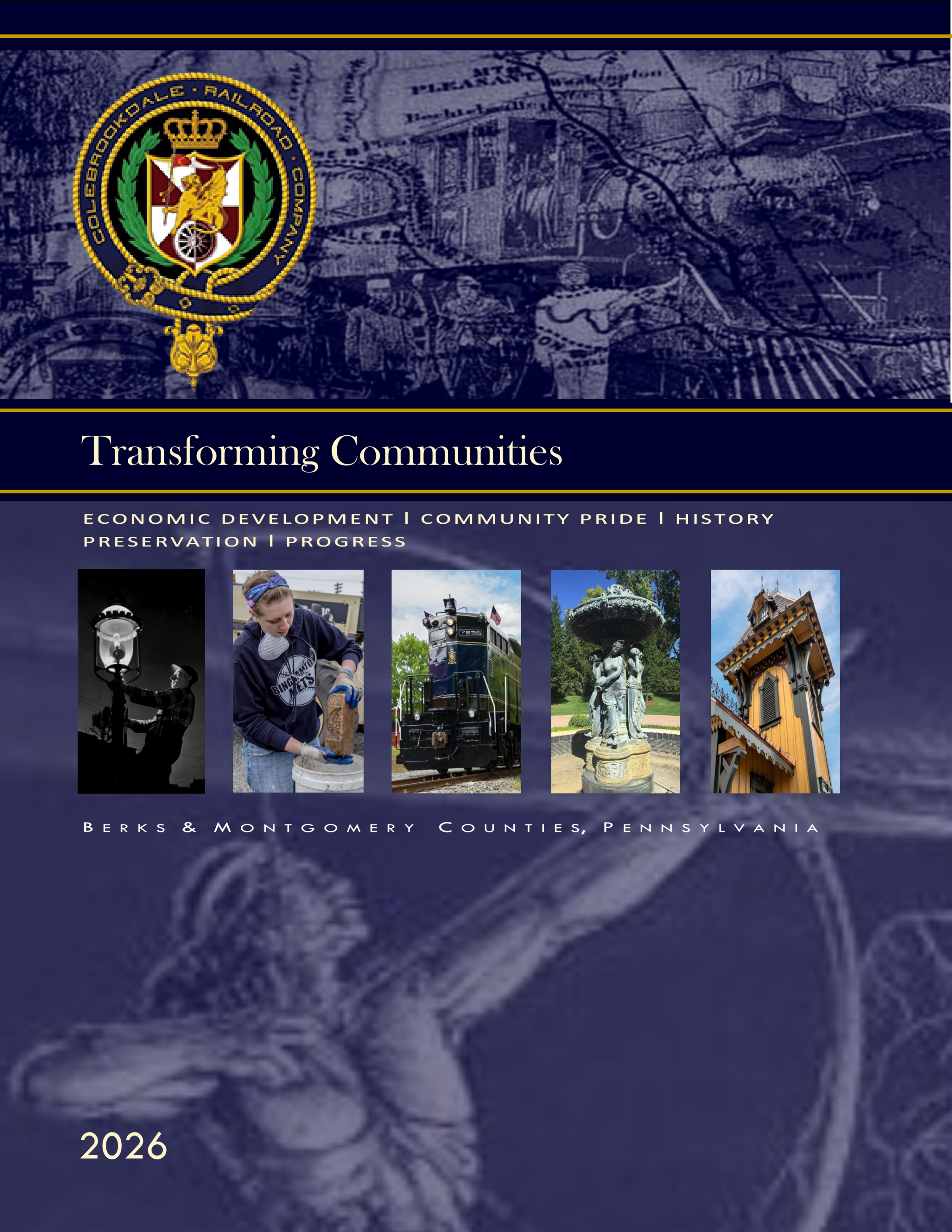 Colebrookdale Railroad cover with community photos, historical seal, and 'Transforming Communities' text.