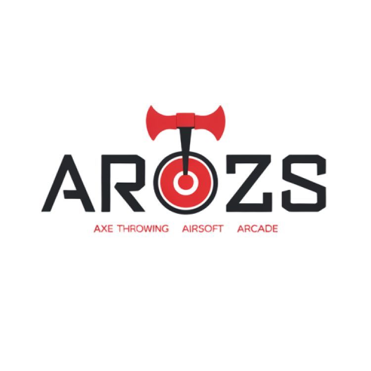 Logo with an axe above a target and the text 'AR Ozs Axe Throwing Airsoft Arcade'.