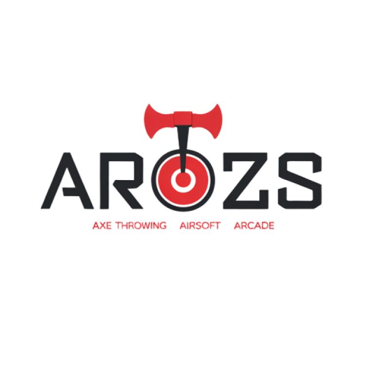 Logo with an axe above a target and the text 'AR Ozs Axe Throwing Airsoft Arcade'.
