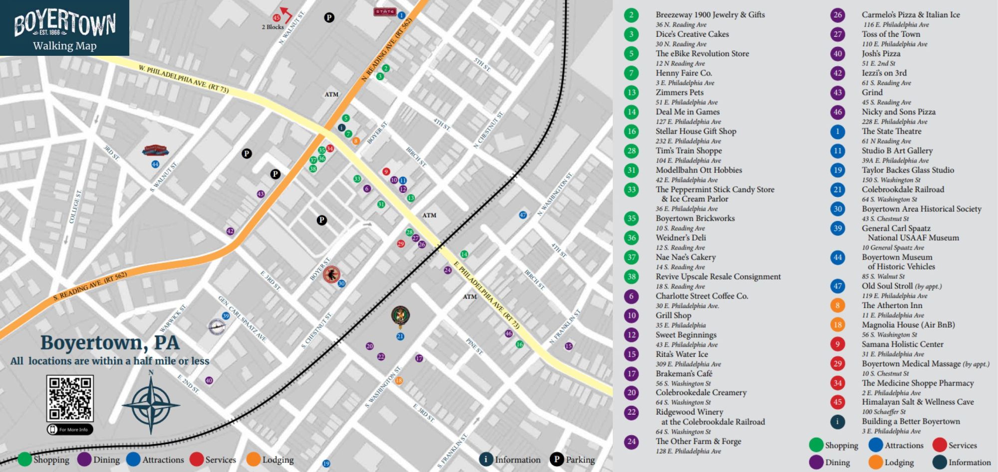 Boyertown walking map with street names and legend of various points of interest.