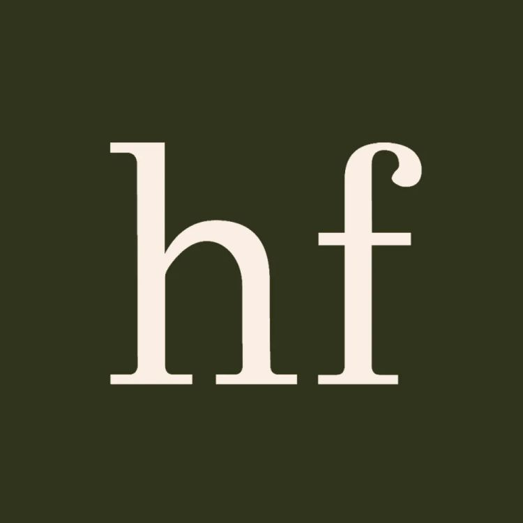 Lowercase 'hf' in beige on dark green background.