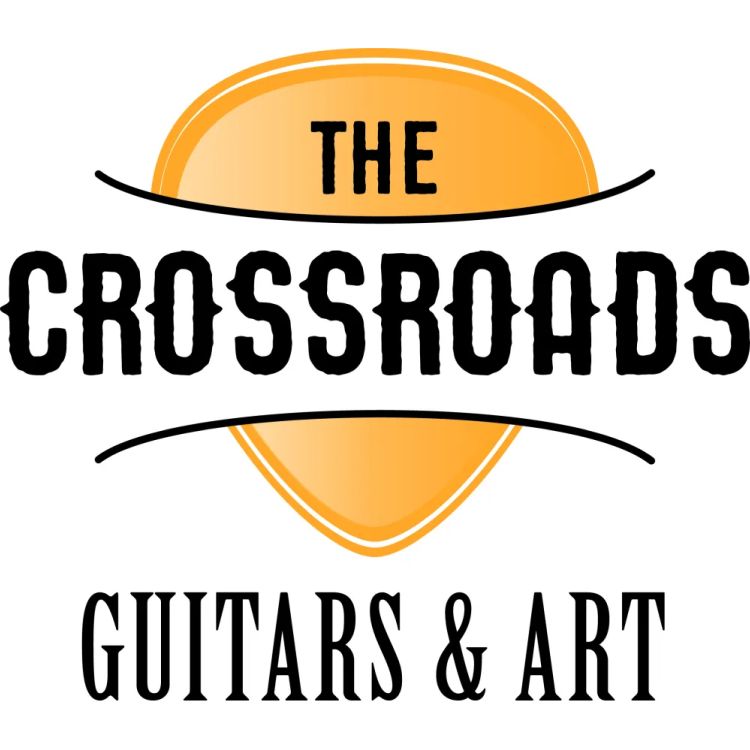 Logo: 'The Crossroads' over an orange guitar pick, text 'Guitars & Art' below.