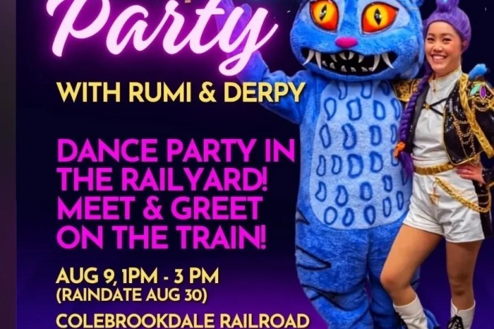 Poster for K-Pop Party with a person in costume next to a blue creature.