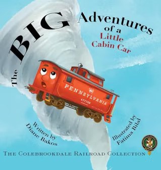 Book cover: red train car with eyes, face amidst swirling clouds, text 'The Big Adventures of a Little Cabin Car'.