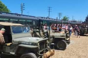 Vintage military jeeps displayed outdoors with people observing.